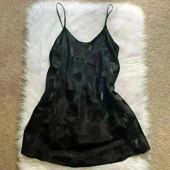 Vintage Jenny Buchanan Intimates Heart Print Satin Black Slip Dress Large - Picture 1 of 5